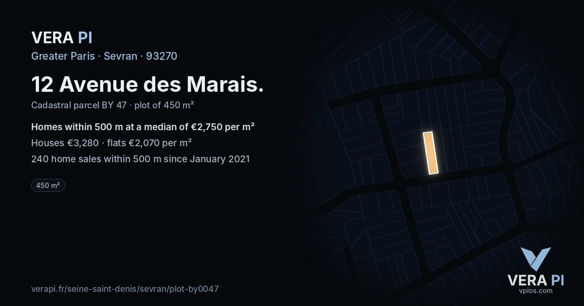 12 Avenue des Marais, Sevran at night – the plot lit, the parcels around coloured by the prices near them