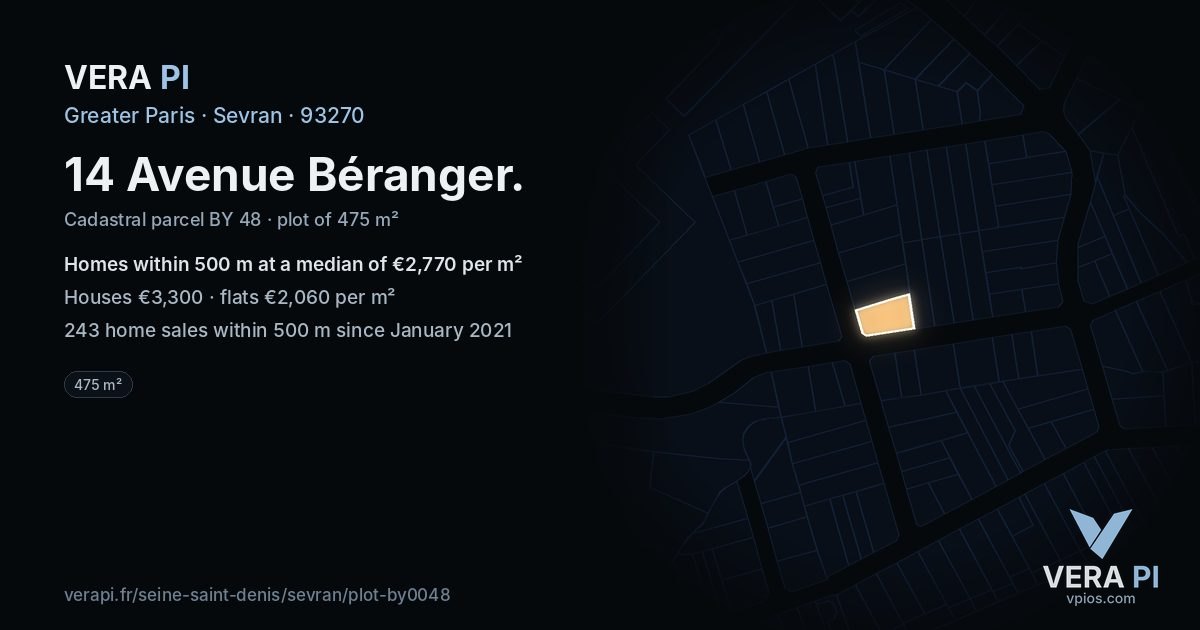 14 Avenue Béranger, Sevran at night – the plot lit, the parcels around coloured by the prices near them