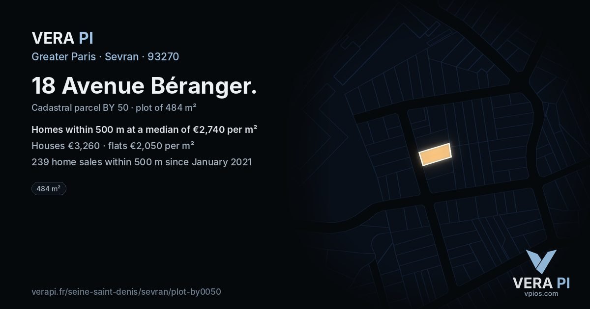 18 Avenue Béranger, Sevran at night – the plot lit, the parcels around coloured by the prices near them