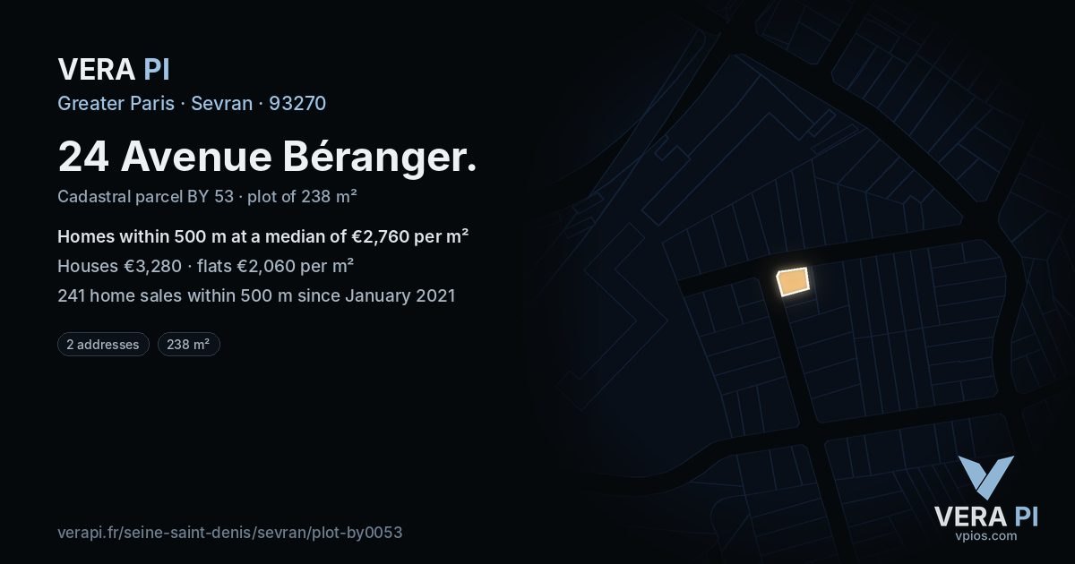 24 Avenue Béranger, Sevran at night – the plot lit, the parcels around coloured by the prices near them