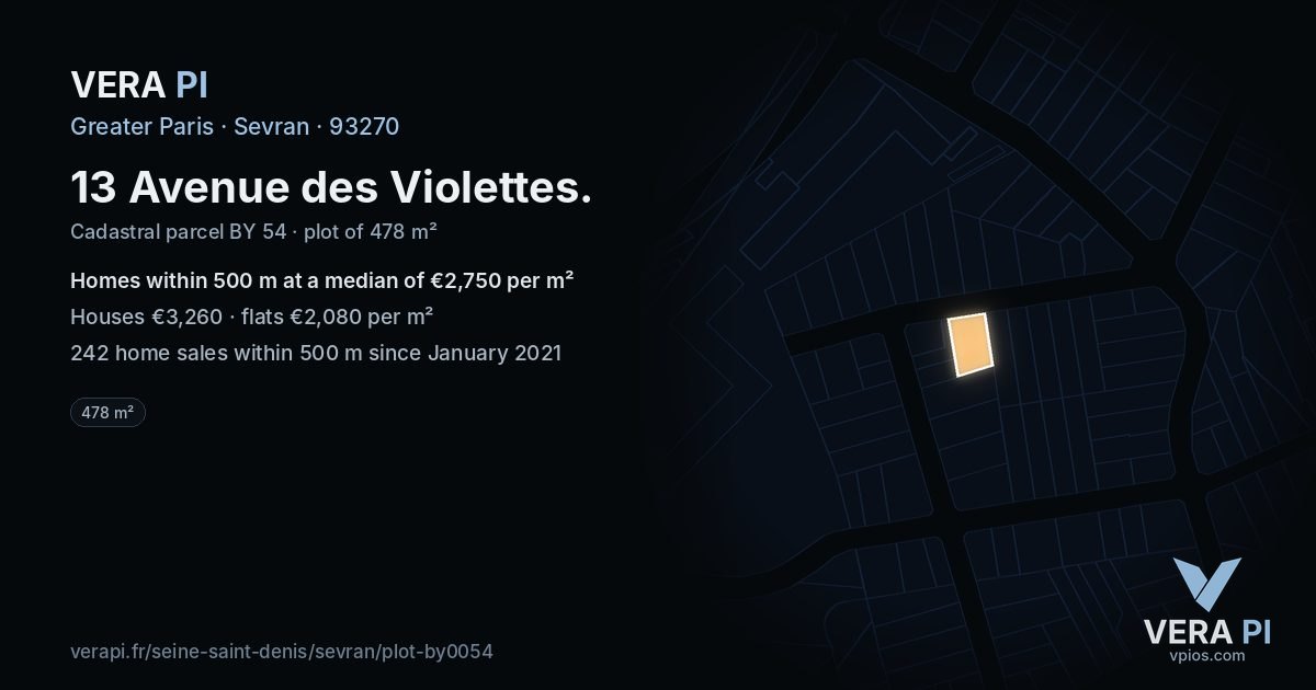 13 Avenue des Violettes, Sevran at night – the plot lit, the parcels around coloured by the prices near them