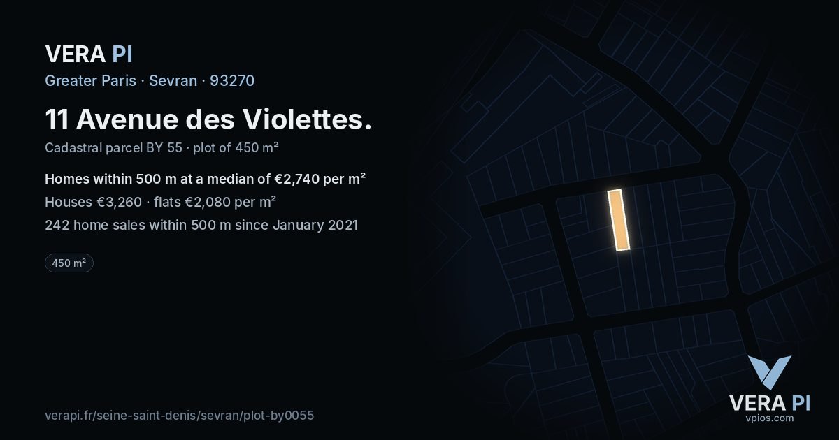 11 Avenue des Violettes, Sevran at night – the plot lit, the parcels around coloured by the prices near them