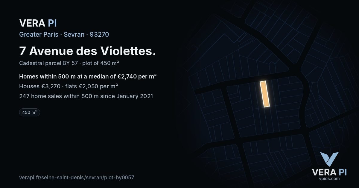 7 Avenue des Violettes, Sevran at night – the plot lit, the parcels around coloured by the prices near them
