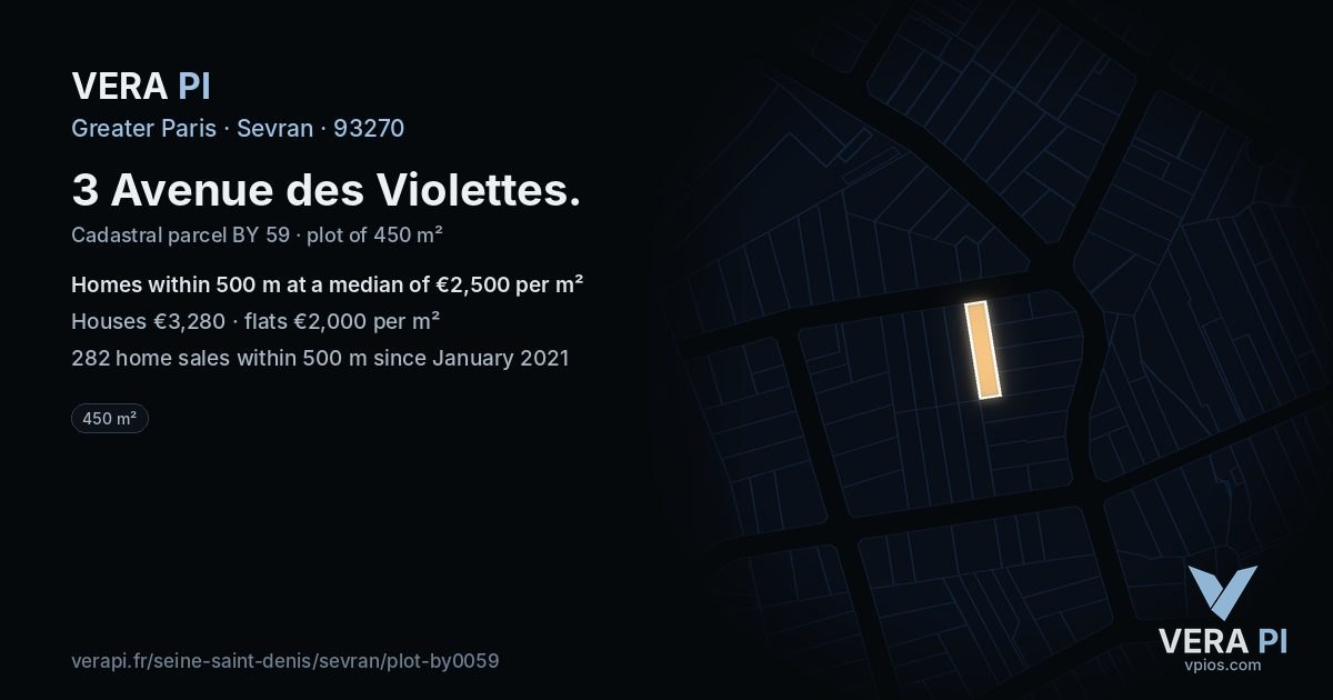 3 Avenue des Violettes, Sevran at night – the plot lit, the parcels around coloured by the prices near them