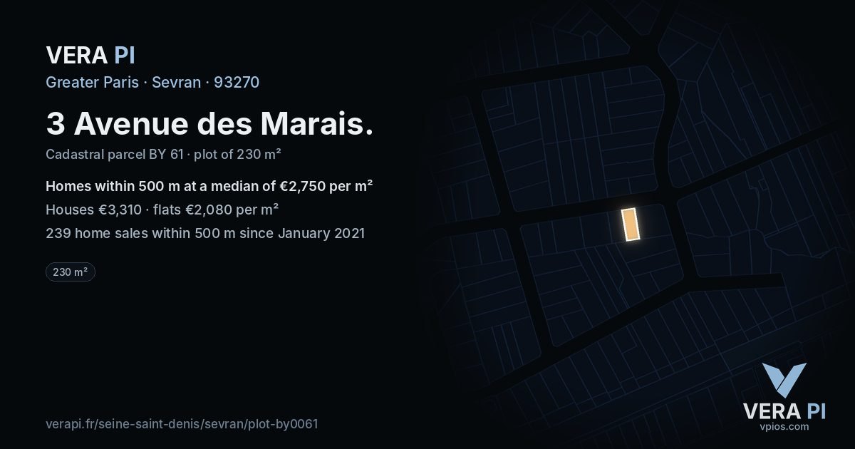 3 Avenue des Marais, Sevran at night – the plot lit, the parcels around coloured by the prices near them