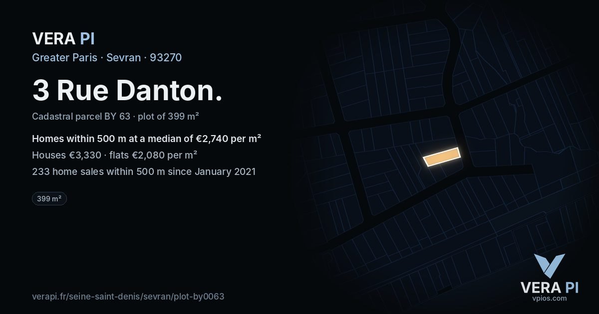 3 Rue Danton, Sevran at night – the plot lit, the parcels around coloured by the prices near them