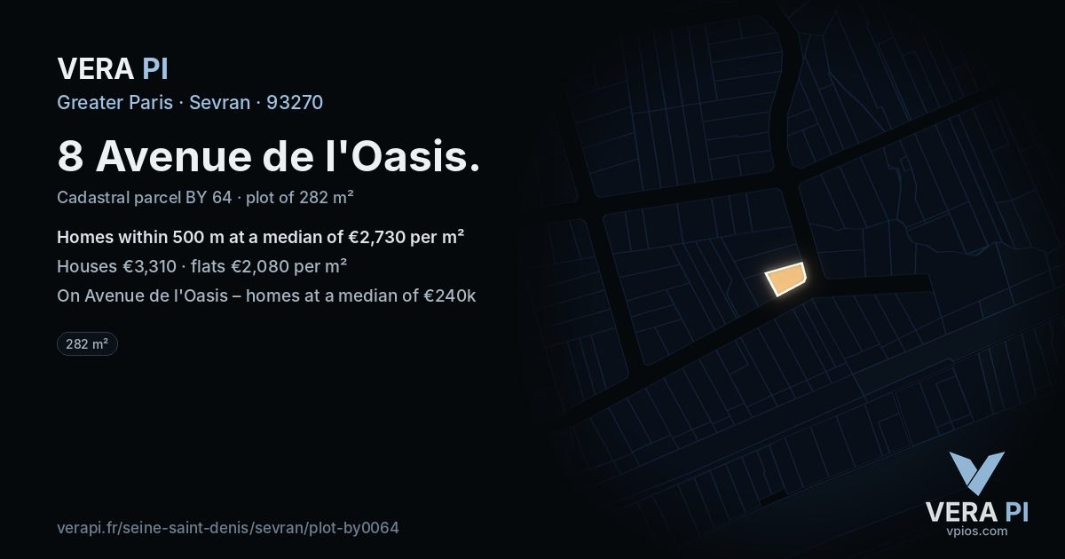 8 Avenue de l'Oasis, Sevran at night – the plot lit, the parcels around coloured by the prices near them