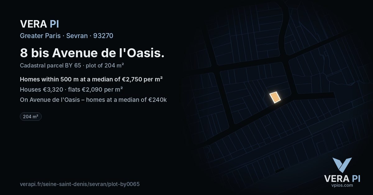 8 bis Avenue de l'Oasis, Sevran at night – the plot lit, the parcels around coloured by the prices near them