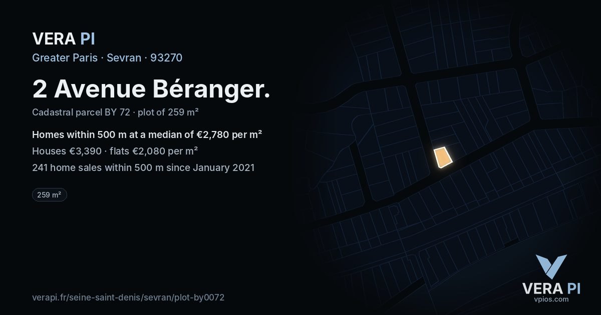 2 Avenue Béranger, Sevran at night – the plot lit, the parcels around coloured by the prices near them