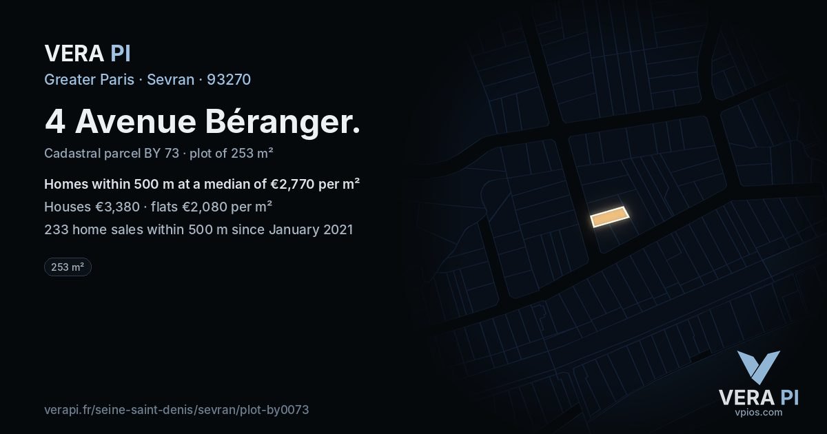 4 Avenue Béranger, Sevran at night – the plot lit, the parcels around coloured by the prices near them