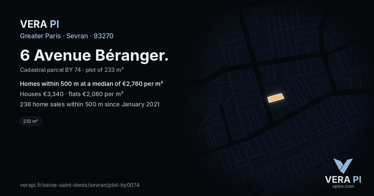 6 Avenue Béranger, Sevran at night – the plot lit, the parcels around coloured by the prices near them