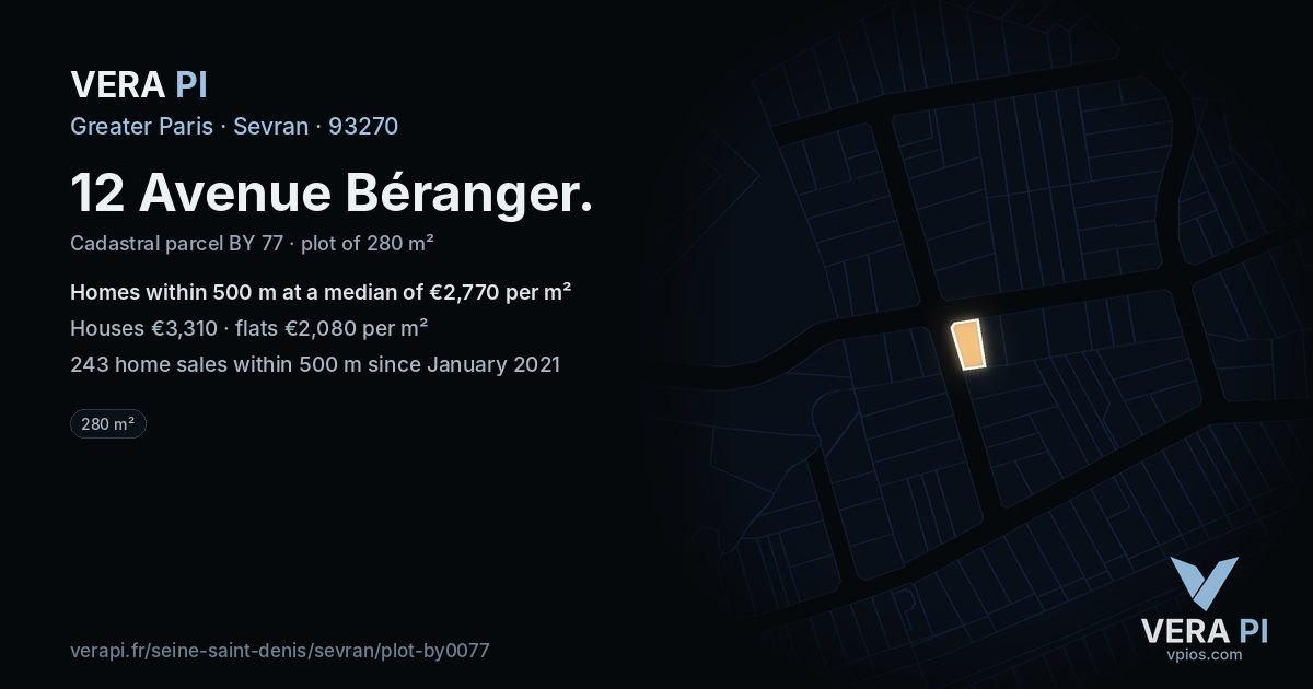 12 Avenue Béranger, Sevran at night – the plot lit, the parcels around coloured by the prices near them