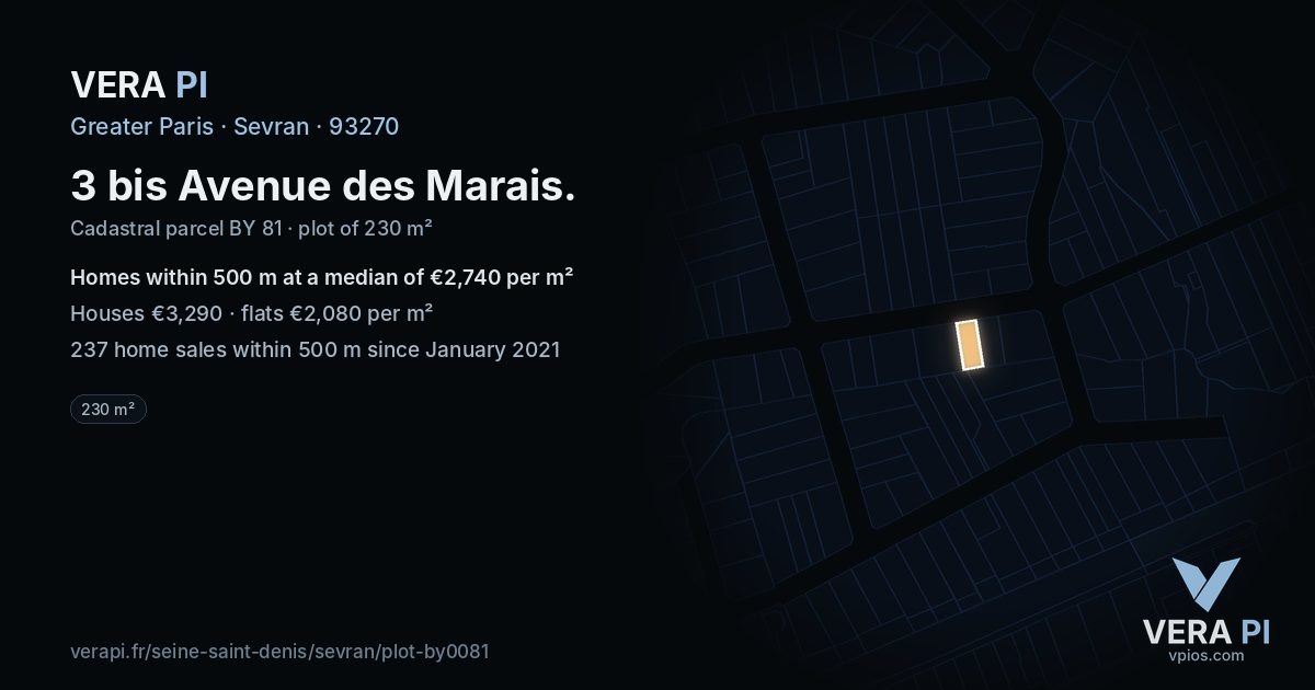 3 bis Avenue des Marais, Sevran at night – the plot lit, the parcels around coloured by the prices near them