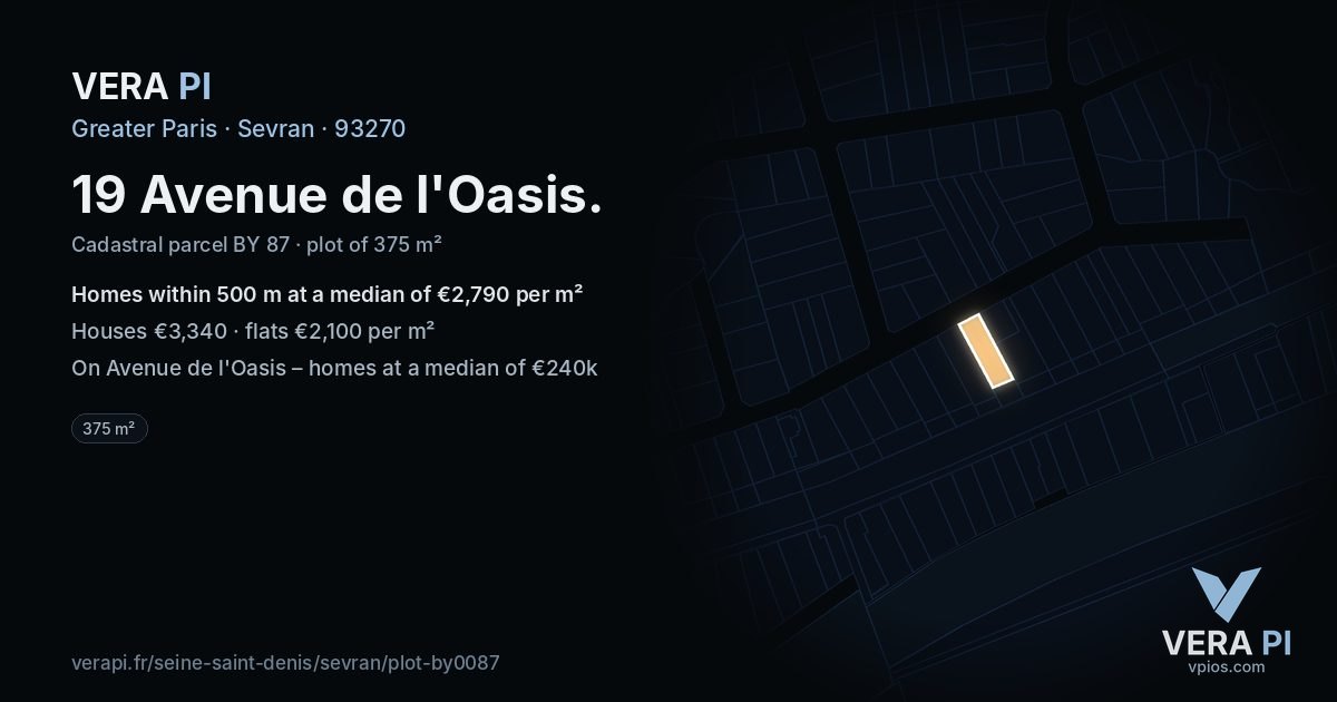 19 Avenue de l'Oasis, Sevran at night – the plot lit, the parcels around coloured by the prices near them