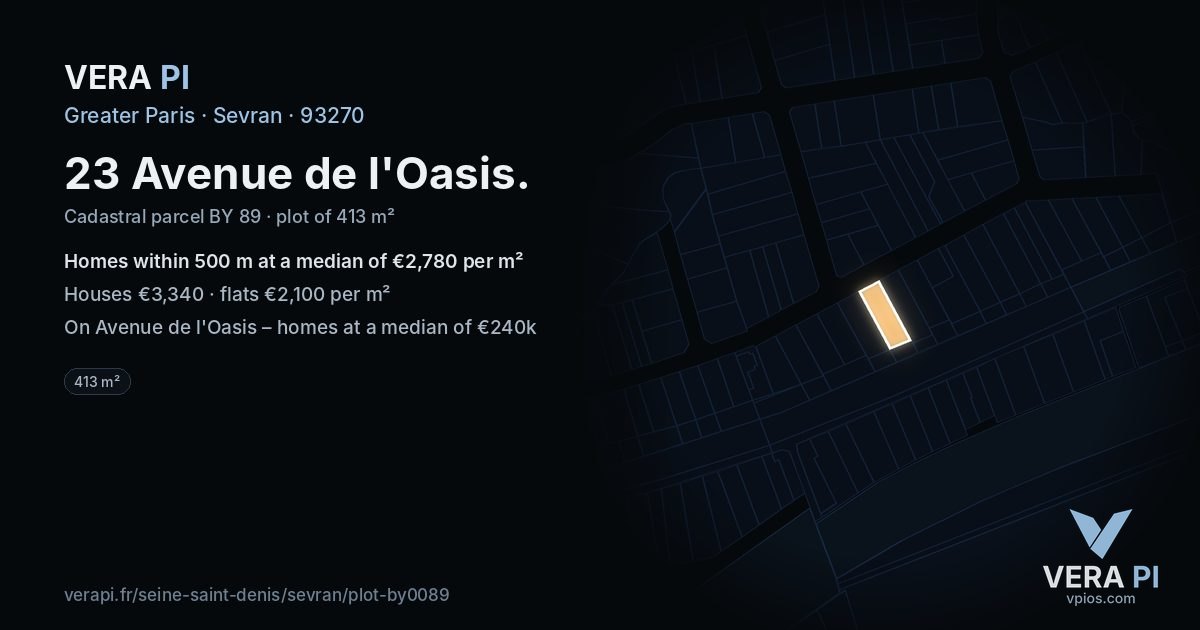 23 Avenue de l'Oasis, Sevran at night – the plot lit, the parcels around coloured by the prices near them
