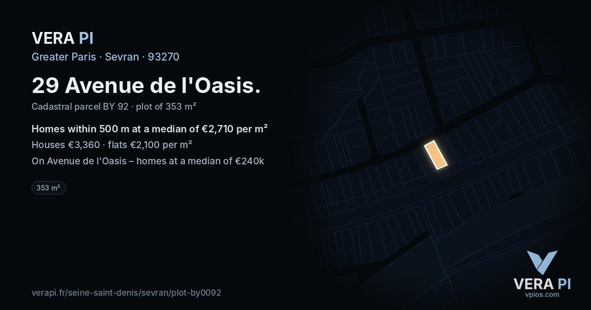 29 Avenue de l'Oasis, Sevran at night – the plot lit, the parcels around coloured by the prices near them