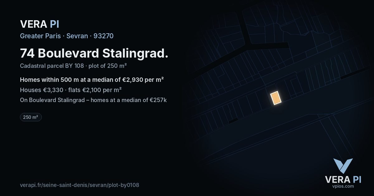 74 Boulevard Stalingrad, Sevran at night – the plot lit, the parcels around coloured by the prices near them