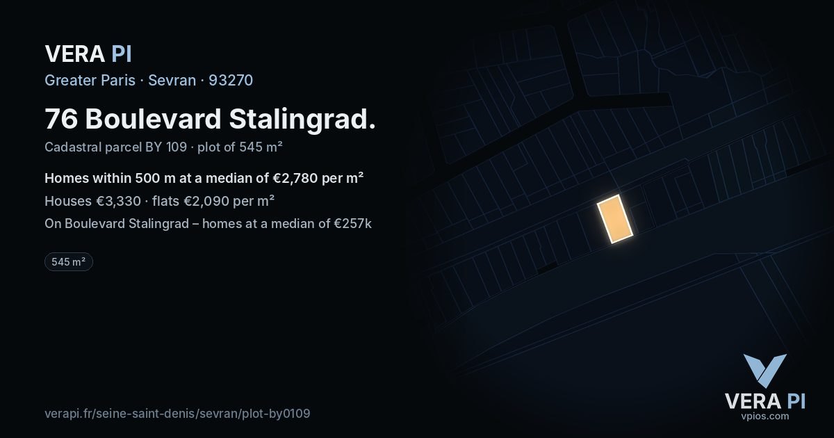 76 Boulevard Stalingrad, Sevran at night – the plot lit, the parcels around coloured by the prices near them