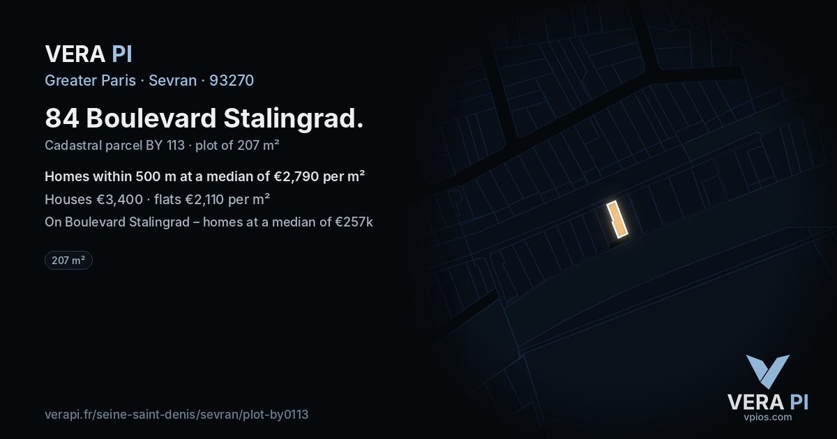 84 Boulevard Stalingrad, Sevran at night – the plot lit, the parcels around coloured by the prices near them
