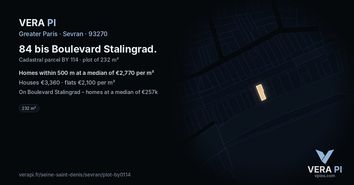 84 bis Boulevard Stalingrad, Sevran at night – the plot lit, the parcels around coloured by the prices near them