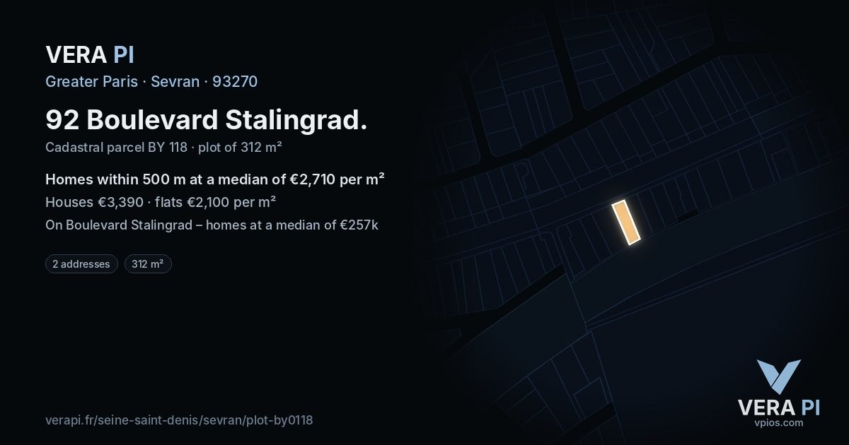 92 Boulevard Stalingrad, Sevran at night – the plot lit, the parcels around coloured by the prices near them