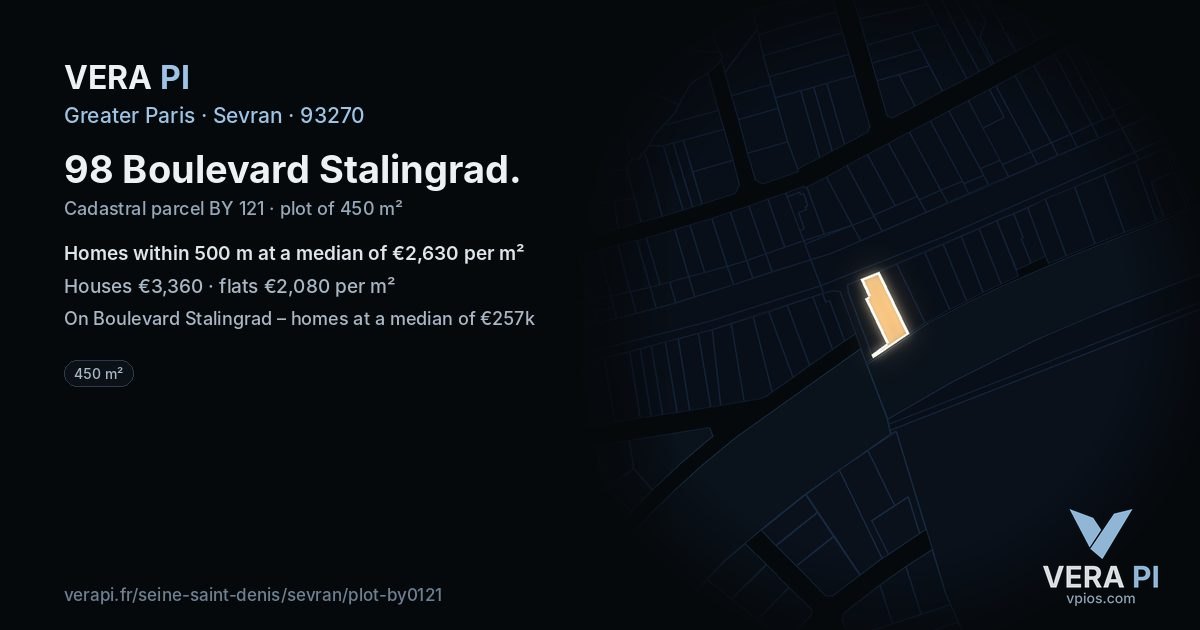 98 Boulevard Stalingrad, Sevran at night – the plot lit, the parcels around coloured by the prices near them