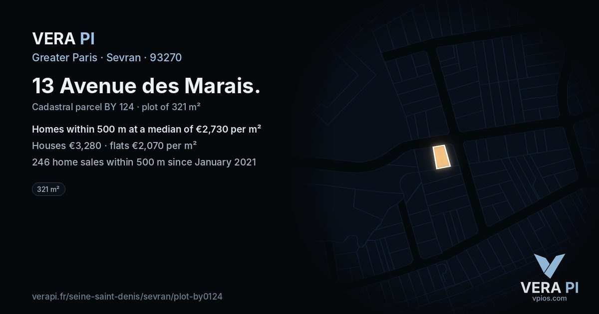 13 Avenue des Marais, Sevran at night – the plot lit, the parcels around coloured by the prices near them