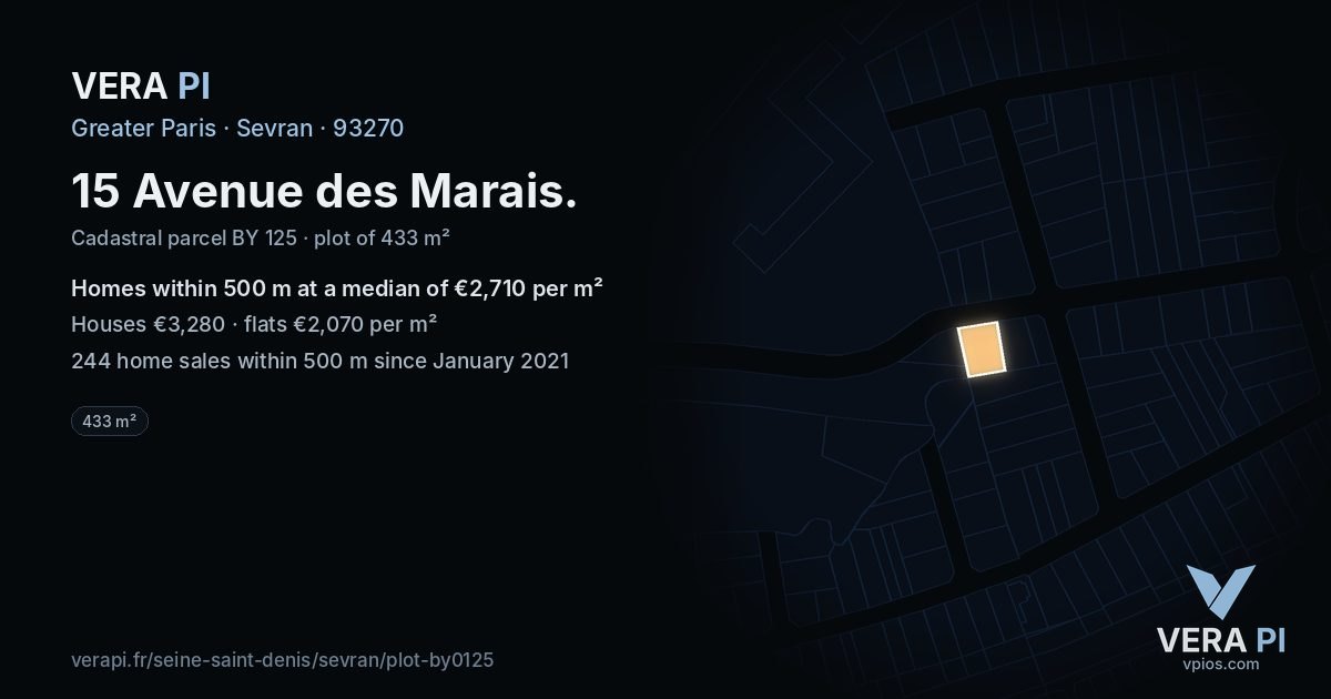 15 Avenue des Marais, Sevran at night – the plot lit, the parcels around coloured by the prices near them
