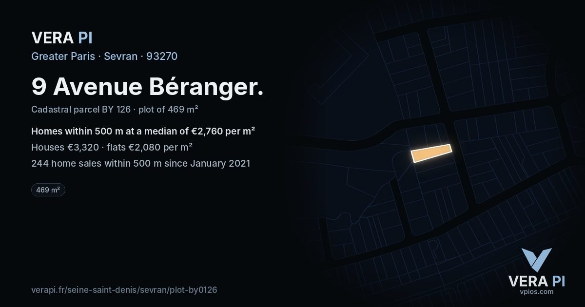 9 Avenue Béranger, Sevran at night – the plot lit, the parcels around coloured by the prices near them