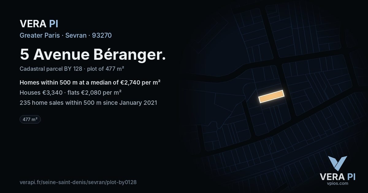 5 Avenue Béranger, Sevran at night – the plot lit, the parcels around coloured by the prices near them