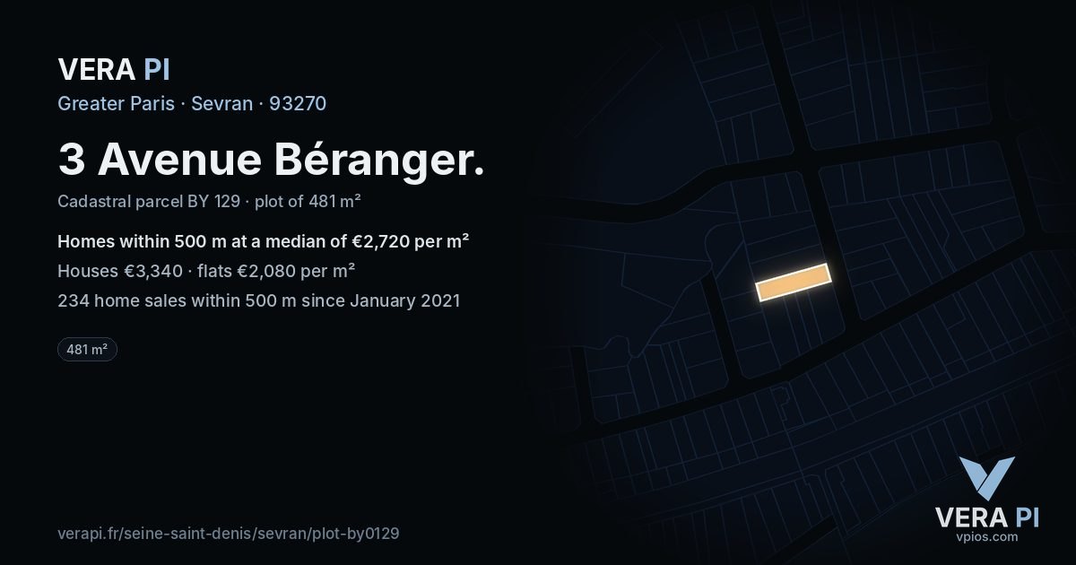 3 Avenue Béranger, Sevran at night – the plot lit, the parcels around coloured by the prices near them