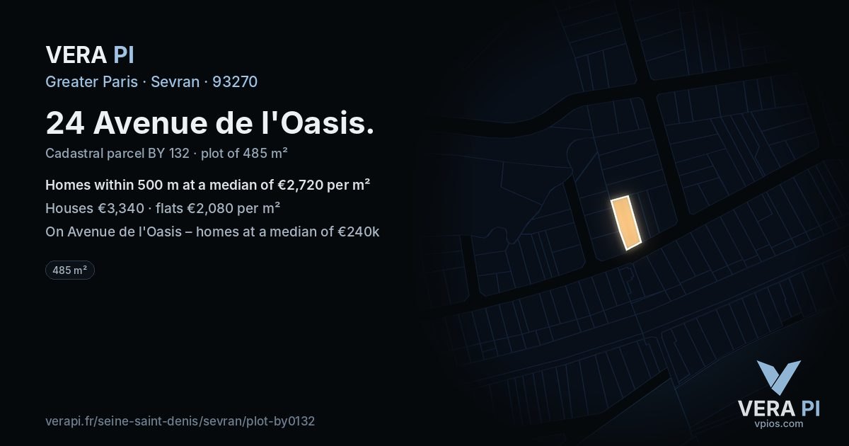 24 Avenue de l'Oasis, Sevran at night – the plot lit, the parcels around coloured by the prices near them
