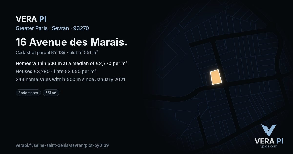16 Avenue des Marais, Sevran at night – the plot lit, the parcels around coloured by the prices near them