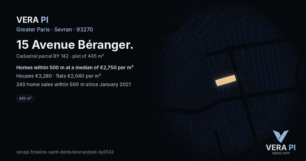 15 Avenue Béranger, Sevran at night – the plot lit, the parcels around coloured by the prices near them