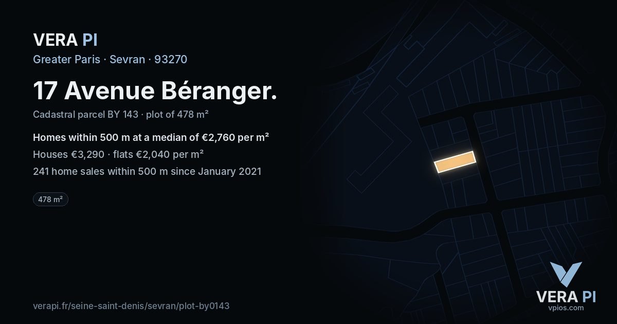 17 Avenue Béranger, Sevran at night – the plot lit, the parcels around coloured by the prices near them