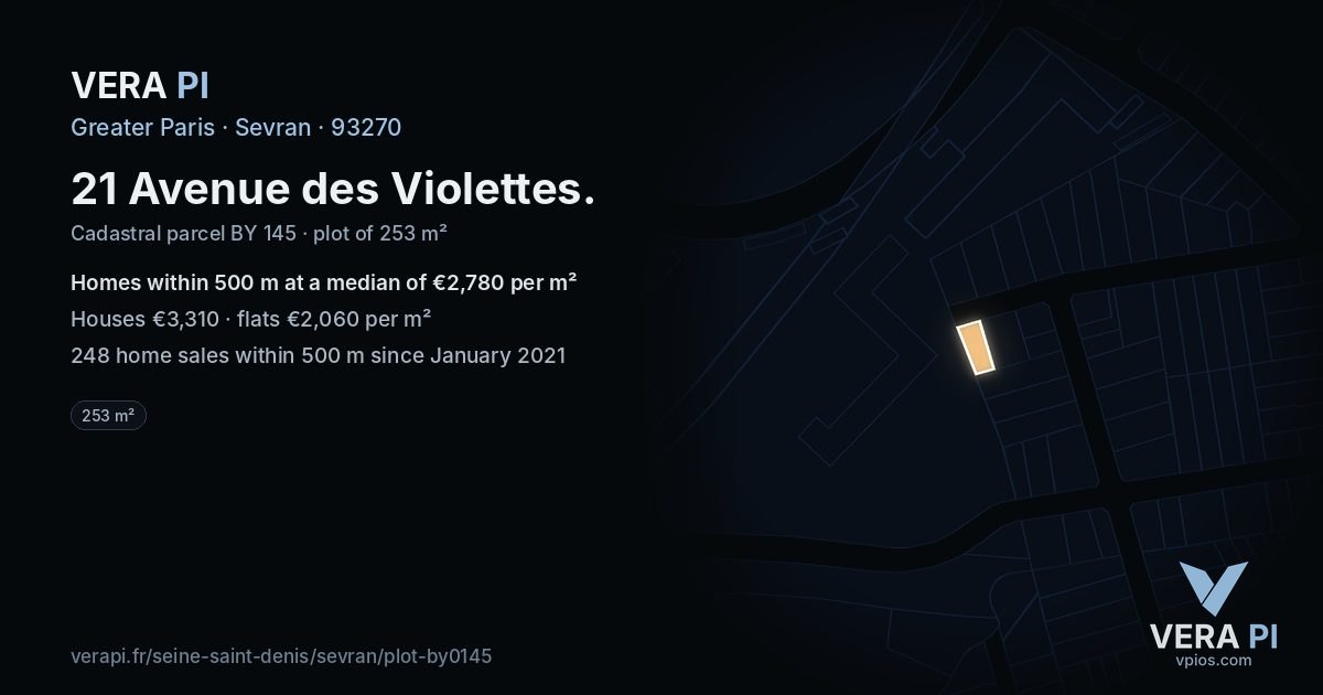 21 Avenue des Violettes, Sevran at night – the plot lit, the parcels around coloured by the prices near them