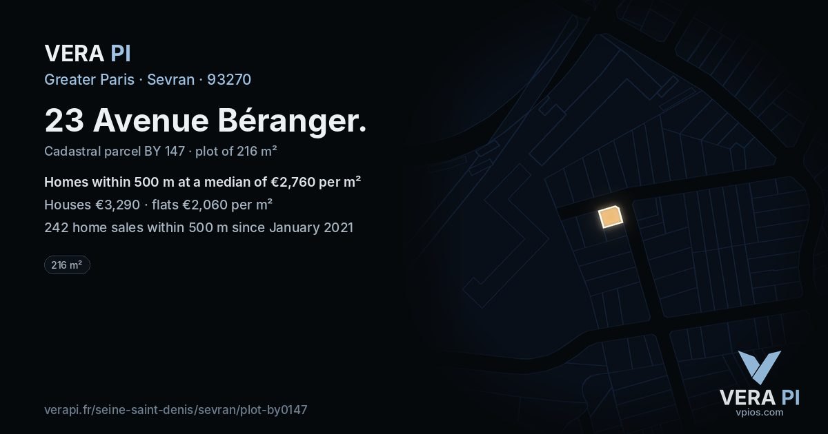 23 Avenue Béranger, Sevran at night – the plot lit, the parcels around coloured by the prices near them
