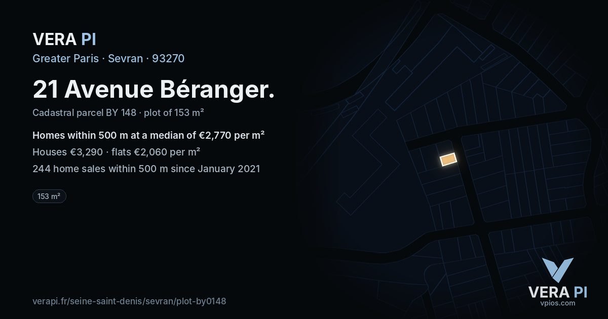 21 Avenue Béranger, Sevran at night – the plot lit, the parcels around coloured by the prices near them