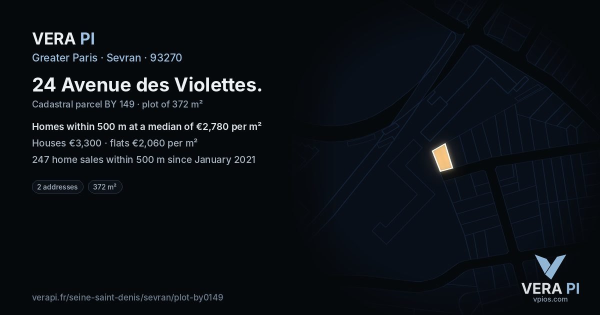 24 Avenue des Violettes, Sevran at night – the plot lit, the parcels around coloured by the prices near them