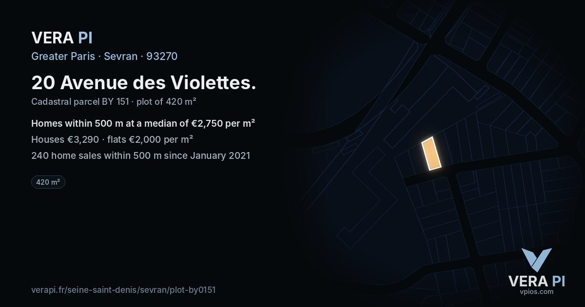 20 Avenue des Violettes, Sevran at night – the plot lit, the parcels around coloured by the prices near them