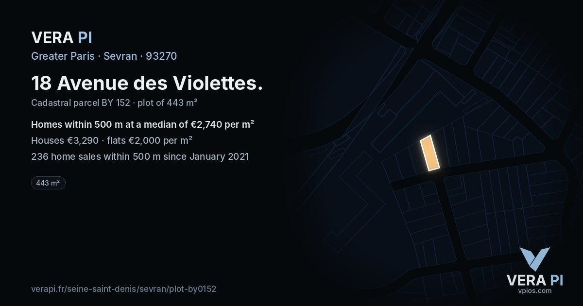 18 Avenue des Violettes, Sevran at night – the plot lit, the parcels around coloured by the prices near them