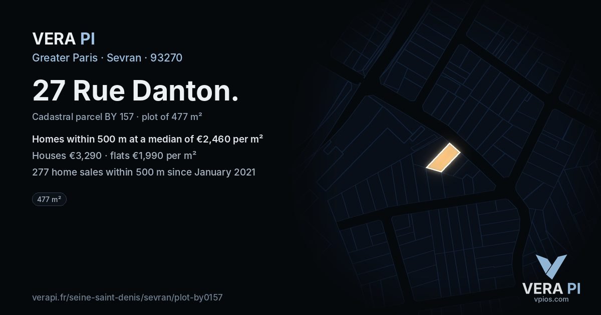 27 Rue Danton, Sevran at night – the plot lit, the parcels around coloured by the prices near them