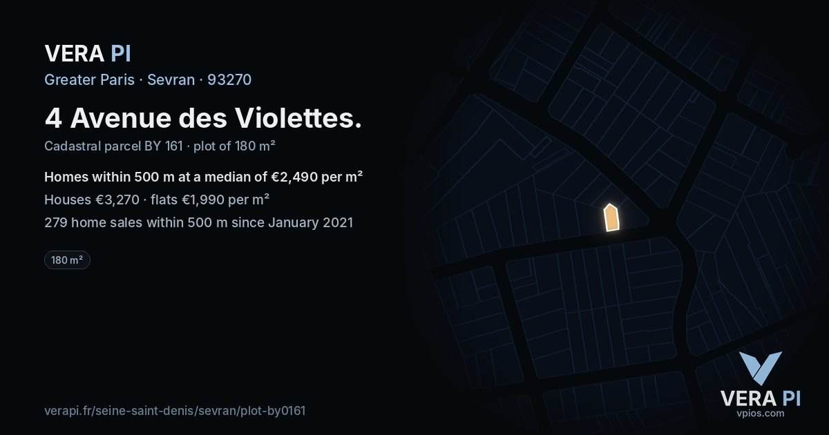 4 Avenue des Violettes, Sevran at night – the plot lit, the parcels around coloured by the prices near them