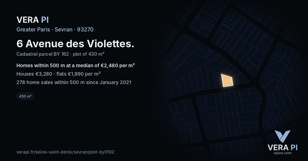 6 Avenue des Violettes, Sevran at night – the plot lit, the parcels around coloured by the prices near them