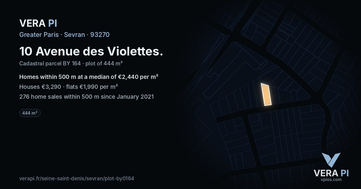 10 Avenue des Violettes, Sevran at night – the plot lit, the parcels around coloured by the prices near them