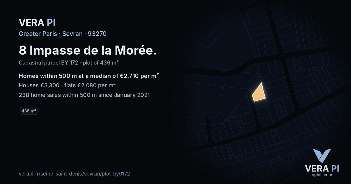 8 Impasse de la Morée, Sevran at night – the plot lit, the parcels around coloured by the prices near them