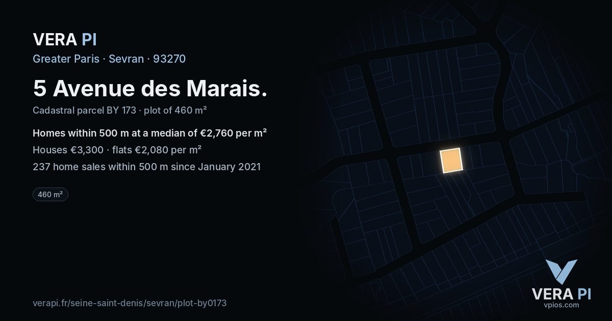 5 Avenue des Marais, Sevran at night – the plot lit, the parcels around coloured by the prices near them