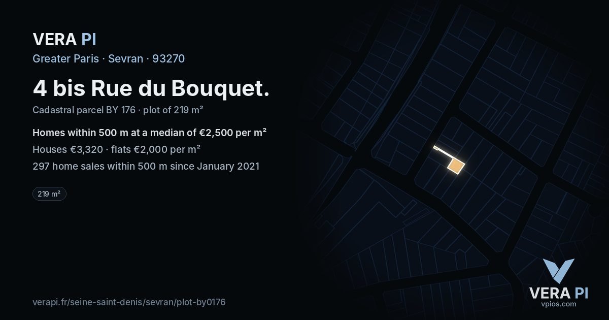 4 bis Rue du Bouquet, Sevran at night – the plot lit, the parcels around coloured by the prices near them