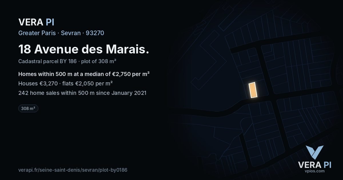 18 Avenue des Marais, Sevran at night – the plot lit, the parcels around coloured by the prices near them
