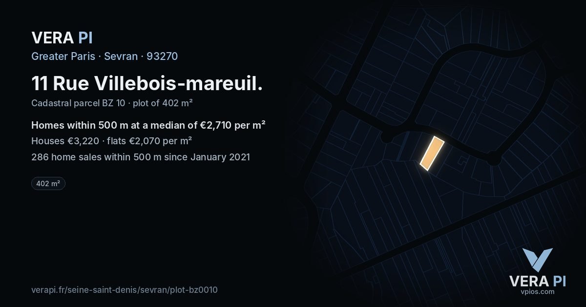 11 Rue Villebois-mareuil, Sevran at night – the plot lit, the parcels around coloured by the prices near them
